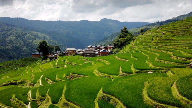 日落时分，中国贵州家邦，梯田间的村舍。视频素材