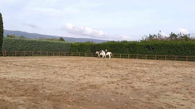 母亲和儿子在牧场上骑马。视频素材