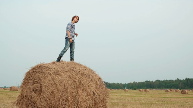 时尚的青少年男孩摆姿势在草堆上的田野。视频素材