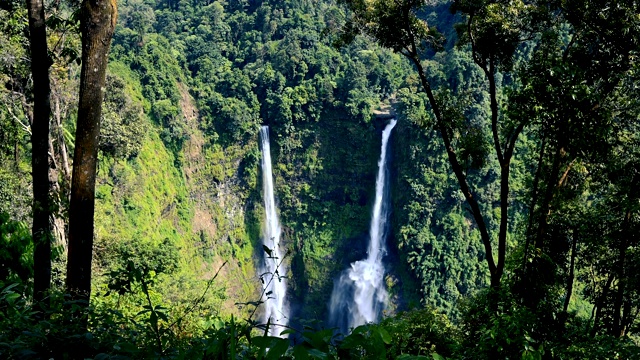 美丽的泰德扇瀑布在老挝南部。这是一个参观自然美景的地方。山地森林瀑布和景观，4K镜头。视频素材