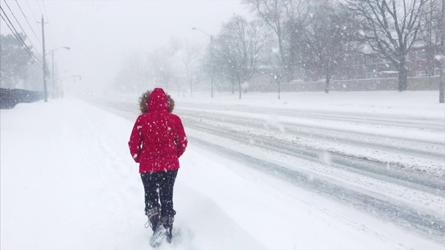 在暴风雪中行走的女人视频素材