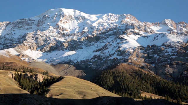 夕阳的影子投射在广阔的草地山坡和戏剧性的雪峰。视频素材