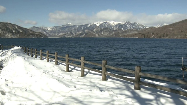 日本枥木县日光市白雪覆盖的中真寺湖视频素材