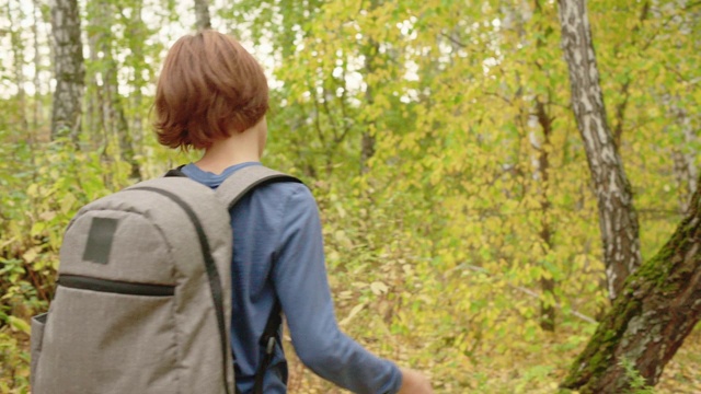 后视图少年男孩与背包走在小路上的秋天公园。男孩少年选择道路上的岔路口在城市公园在秋天走。视频素材