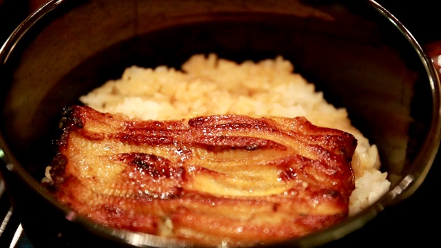 特写日本鳗鱼烤米饭或Unagi don在盘子上日式风格视频素材