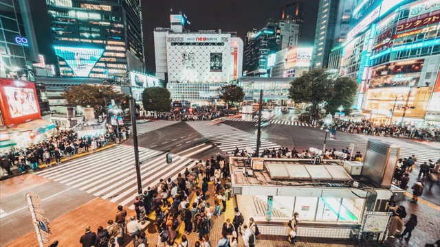 4K延时涉谷紧急穿越，拥挤的人群，夜间汽车交通运输。东京旅游景点，日本旅游，亚洲交通或亚洲城市生活理念视频素材