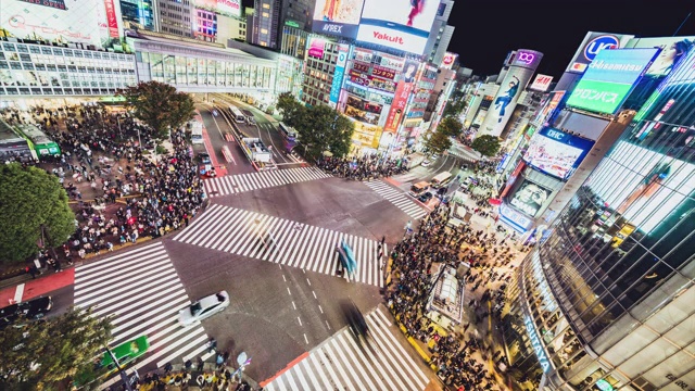 4K延时涉谷紧急穿越，拥挤的人群，夜间汽车交通运输。东京旅游景点，日本旅游，亚洲交通或亚洲城市生活理念视频素材