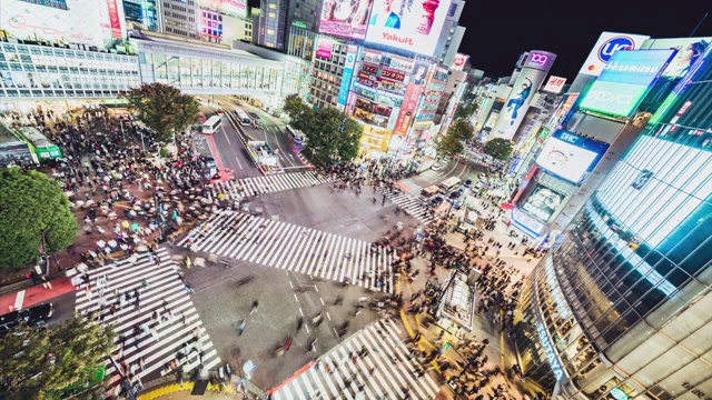 涉谷scramble crossing, 4K延时，拥挤的人群，汽车交通运输在夜间，倾斜然后仍然。东京旅游胜地，日本旅游，亚洲交通，亚洲城市生活理念视频素材