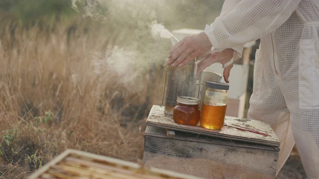 养蜂人用烟来安抚蜜蜂视频素材