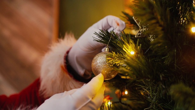 圣诞老人用金球装饰圣诞树的特写。视频素材