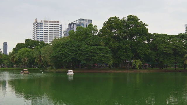 泰国曼谷隆皮尼中央公园。摩天大楼和现代未来建筑的城市全景。公园里的湖和天鹅游艇。倒影在水中。视频素材