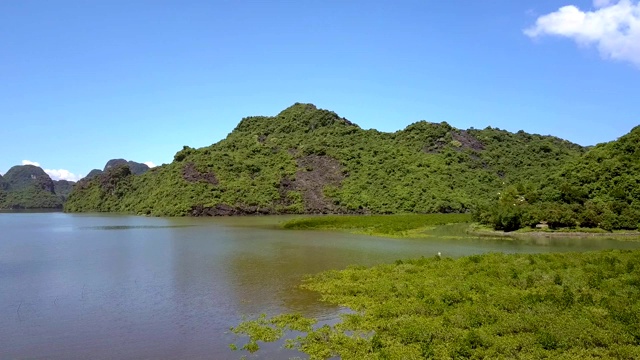 飞行摄像机展示了海湾与岛屿和远处飞翔的鸟类视频素材