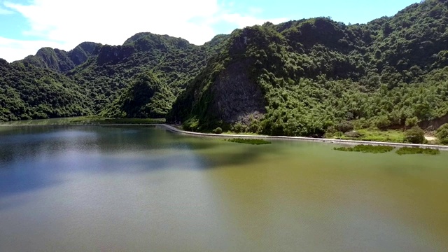 鸟瞰图绿湾与港岛及山脚公路视频素材