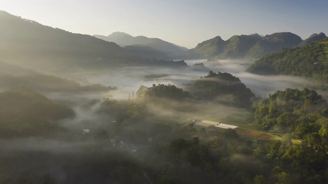 日出时分，山谷中出现雾霾视频素材