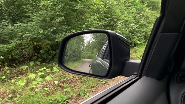 汽车行驶在道路上穿过绿色的夏季森林，道路是反射在侧镜视频素材