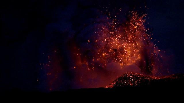 莫纳克亚火山上的火山口爆发出耀眼的熔岩，照亮了夜空。视频素材