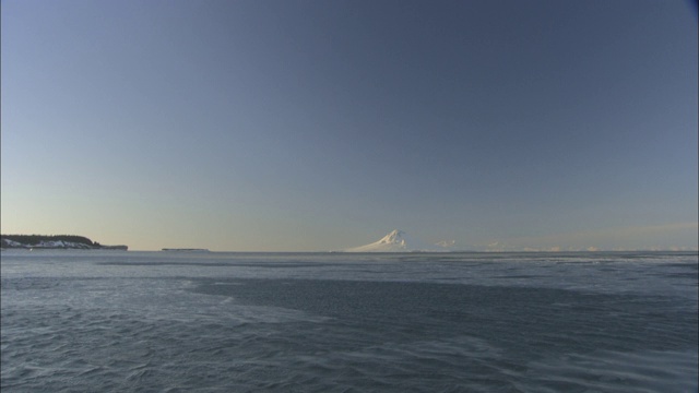 在一座被冰雪覆盖的火山附近的峡湾上漂浮着一块浮冰。视频素材