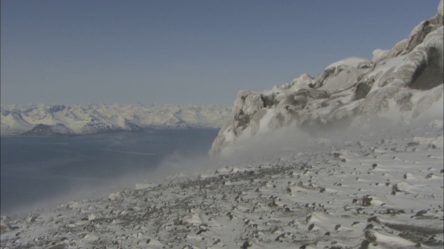 峡湾上方的山坡上，雪花飘飘。视频素材