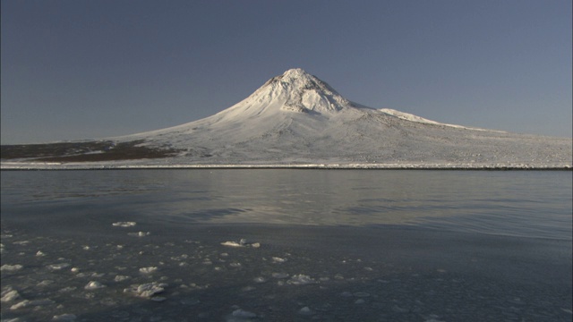 浮冰漂浮在阿拉斯加峡湾附近的一座被雪覆盖的火山。视频素材