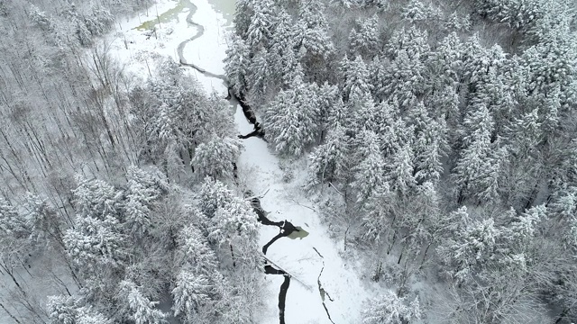 空中俯瞰冰雪覆盖的冬季荒野视频素材