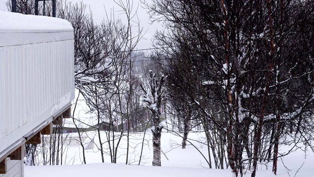 挪威乡村的冬季景观与经典的木屋在大雪期间视频素材