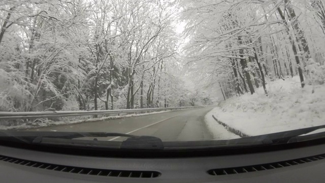 汽车POV在积雪覆盖的路上行驶，先下起了雪。视频素材