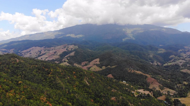 鸟瞰热带森林和高山的风景，映衬着蓝天，无人机拍摄视频素材