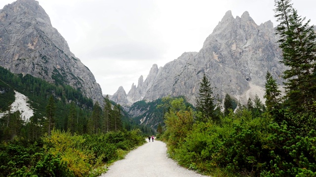 徒步旅行，白云石景观。两名游客正走在白云石山脉的一条宽阔小径上。欧洲意大利Dolomites地区的Tofane集团。视频素材