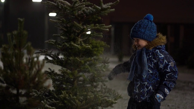 美丽的慢动作视频-小男孩的乐趣摇下雪花从下雪的圣诞树在公园在一个冬天的晚上视频素材