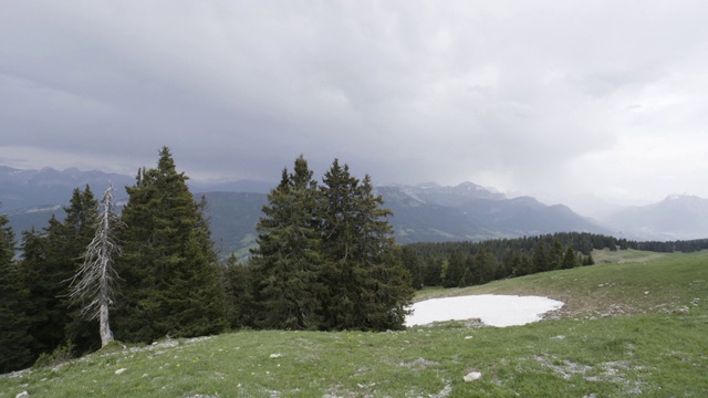 美丽的风景与绿色的森林山丘和高山在云的背景。行动。雾蒙蒙的岩石和被松树覆盖的绿色草地视频素材