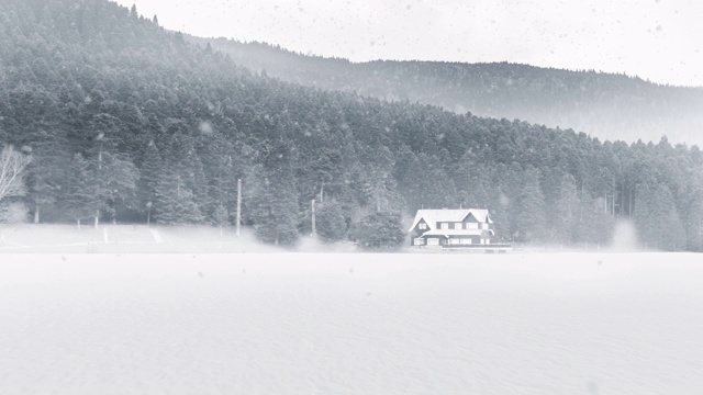 博鲁阿班特湖别墅冬季下雪天气景观镜头。视频素材