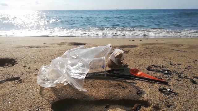 派对后海滩上的海水污染。视频下载