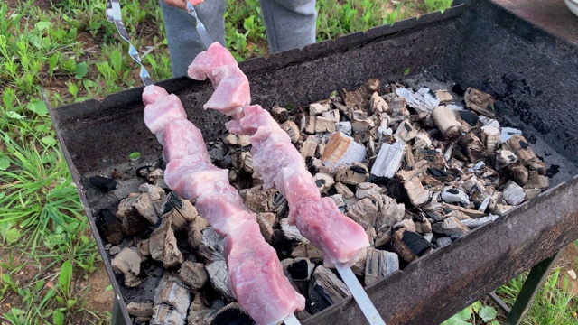 一个人在花园的烧烤架上准备烤肉串，后院的烟和热量就在那里视频素材