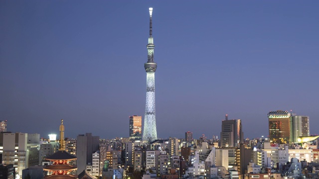 4K白天到夜晚时间推移缩放东京天空树在晚上广角视图浅草寺-日本东京浅草视频素材