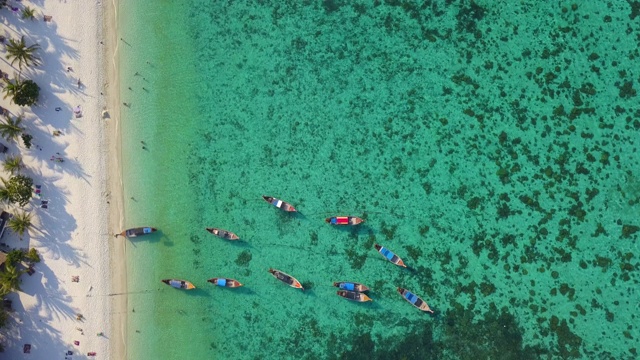 鸟瞰图，夏日五彩缤纷的海景，船和热带海滩视频素材