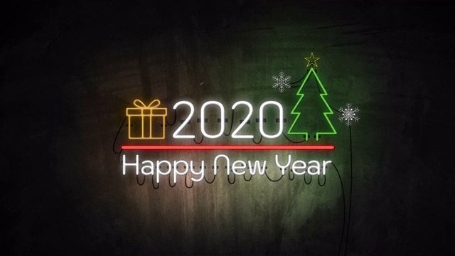 墙上挂着2020年新年的霓虹灯。旗帜闪烁霓虹招牌风格视频素材