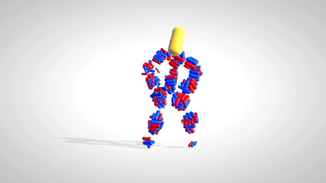 彩色药丸人体模型在白色背景下跳舞视频素材