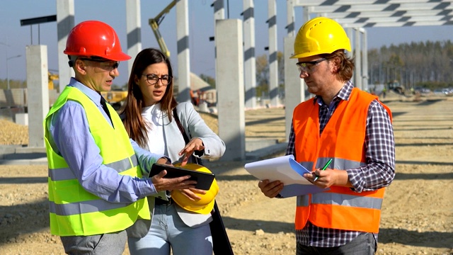 女建筑师、工头和建筑工人在工作场所交谈视频素材