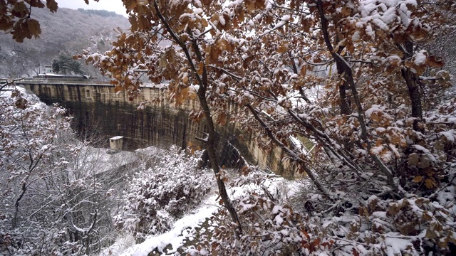 透过积雪覆盖的树木，冰冻的水坝和积雪的桥梁视频素材