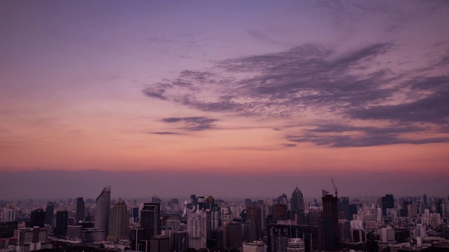 时间流逝，日落云景和曼谷市区的商业大厦背景在白天到晚上黄昏的傍晚时间视频素材