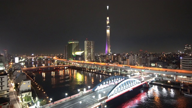 4K镜头东京天空树在晚上广角观看-浅草东京日本视频素材