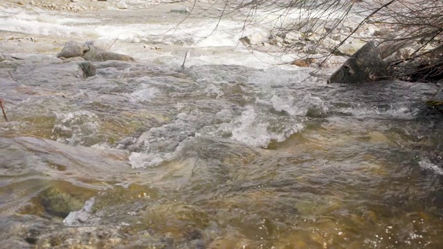 阳光照在泉水流淌的小河上，慢镜头录像视频素材