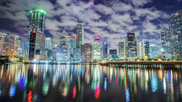 时间流逝-迈阿密城市的天际线在海滨的夜晚视频素材