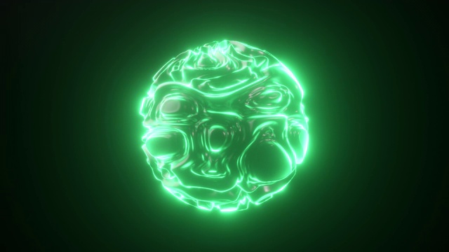 抽象发光氖球。抽象背景与未来的绿色波浪涟漪。3d形状与strobing卷曲模式。无缝循环3d渲染视频素材