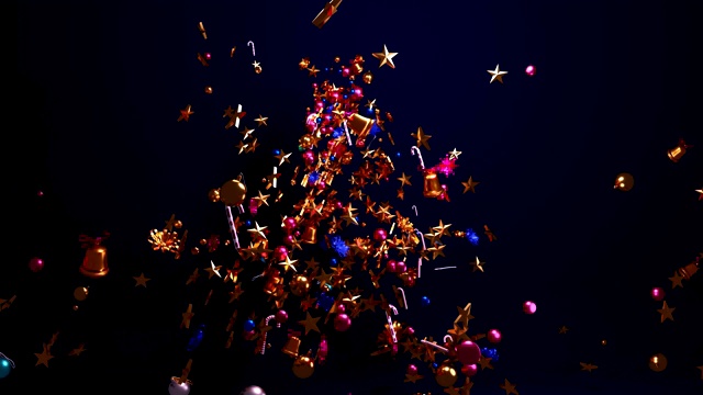飘浮的装饰物分散在圣诞庆祝活动中慢慢地结合成树的形状。视频素材
