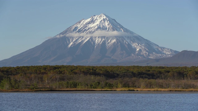 秋季山景-活火山夜景，山湖和橙黄色森林视频素材