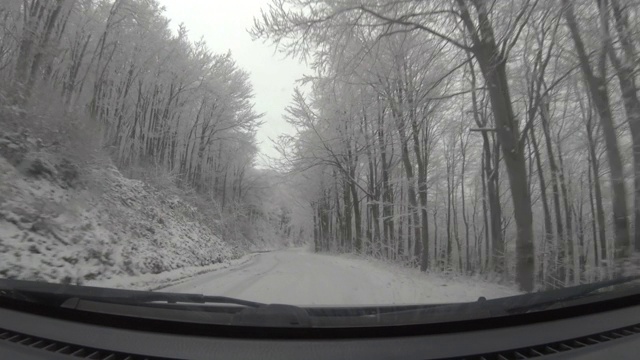 汽车POV在积雪覆盖的路上行驶，先下起了雪。视频素材