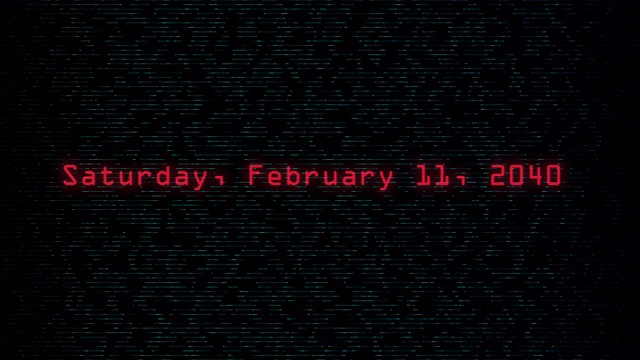 矩阵风格的数据流背景与数字日历日期，从2020年1月1日激增到2050年1月1日视频素材