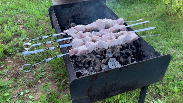 在花园、后院的烧烤架上准备烤肉串，烟和热量在那里视频素材