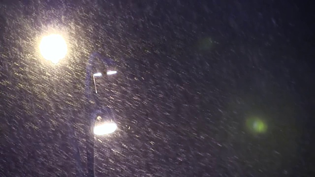 暴雪期间的大雪，冬季灯光背景视频素材